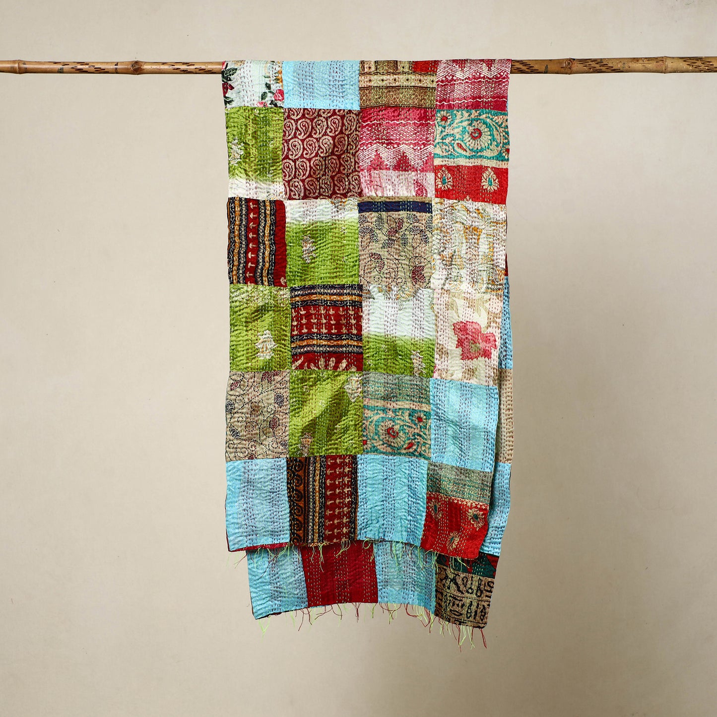 Multicolor - Reversible Patchwork Silk Bengal Kantha Stitch Stole 137