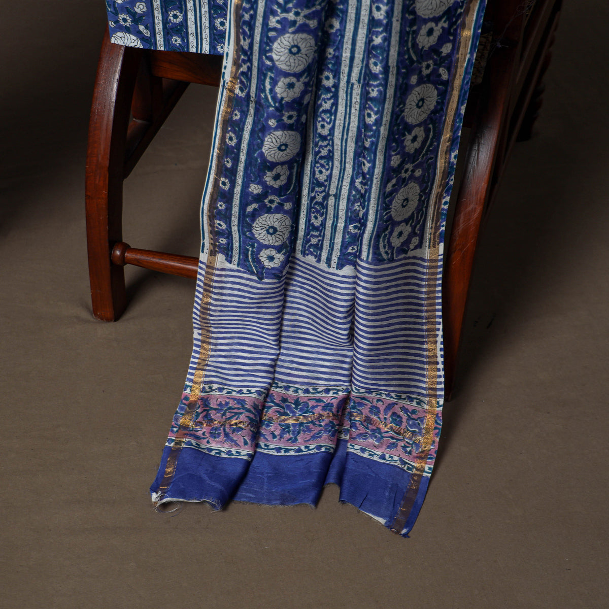 Chanderi Silk Sanganeri Hand Block Print Unstitched Dress Material: Kurta, Bottom with Dupatta 11