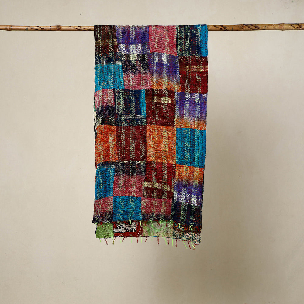 Multicolor - Reversible Patchwork Silk Bengal Kantha Stitch Stole 136