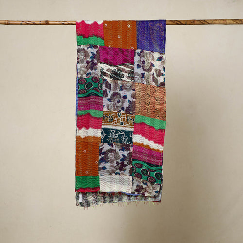 Multicolor - Reversible Patchwork Silk Bengal Kantha Stitch Stole 133