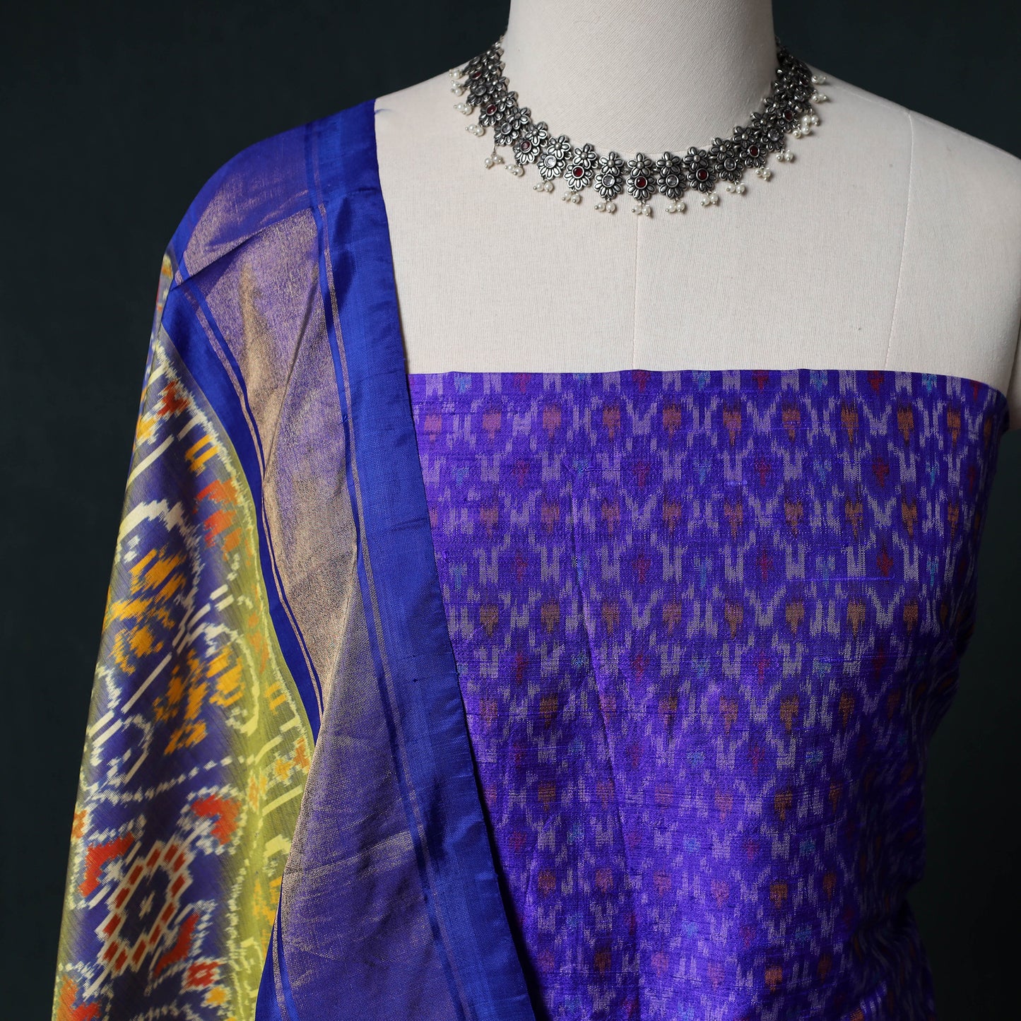 Pochampally Ikat Handwoven Pure Silk 2pc Unstitched Dress Material Kurta Set 24