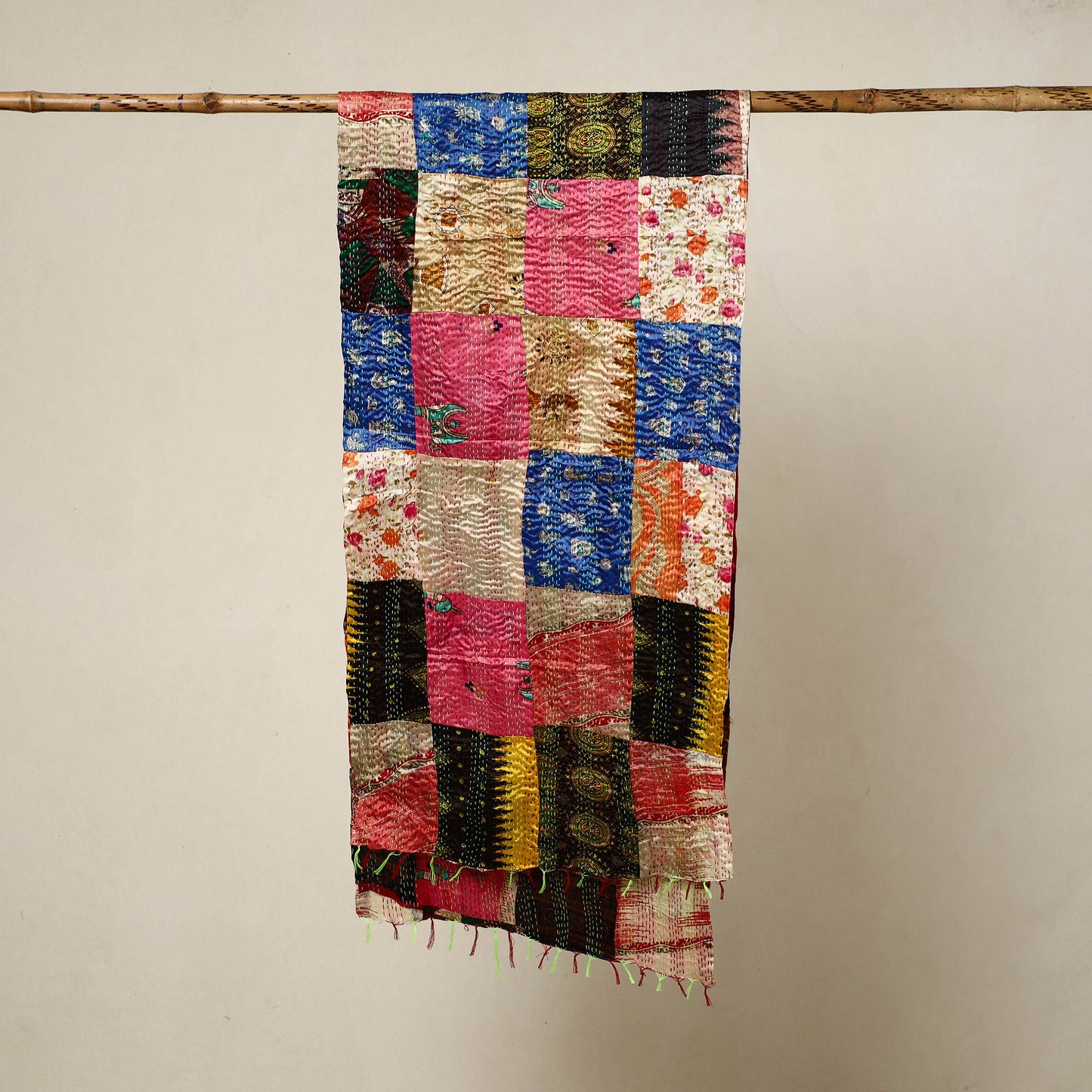 Multicolor - Reversible Patchwork Silk Bengal Kantha Stitch Stole 132