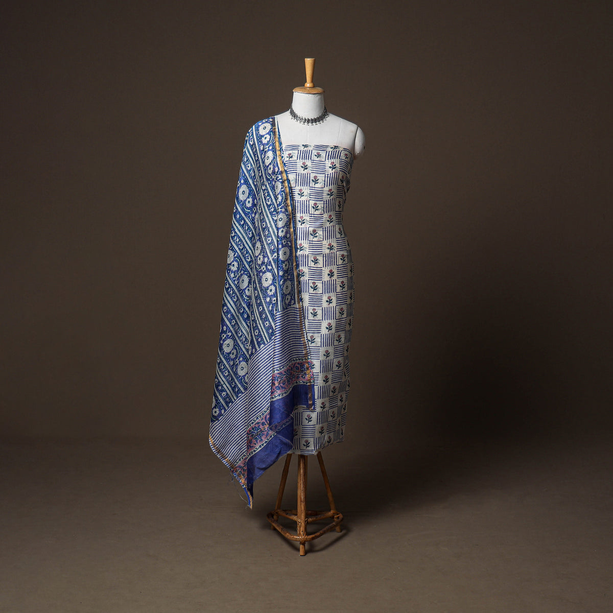 Chanderi Silk Sanganeri Hand Block Print Unstitched Dress Material: Kurta, Bottom with Dupatta 11