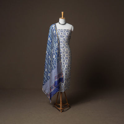 Chanderi Silk Sanganeri Hand Block Print Unstitched Dress Material: Kurta, Bottom with Dupatta 11