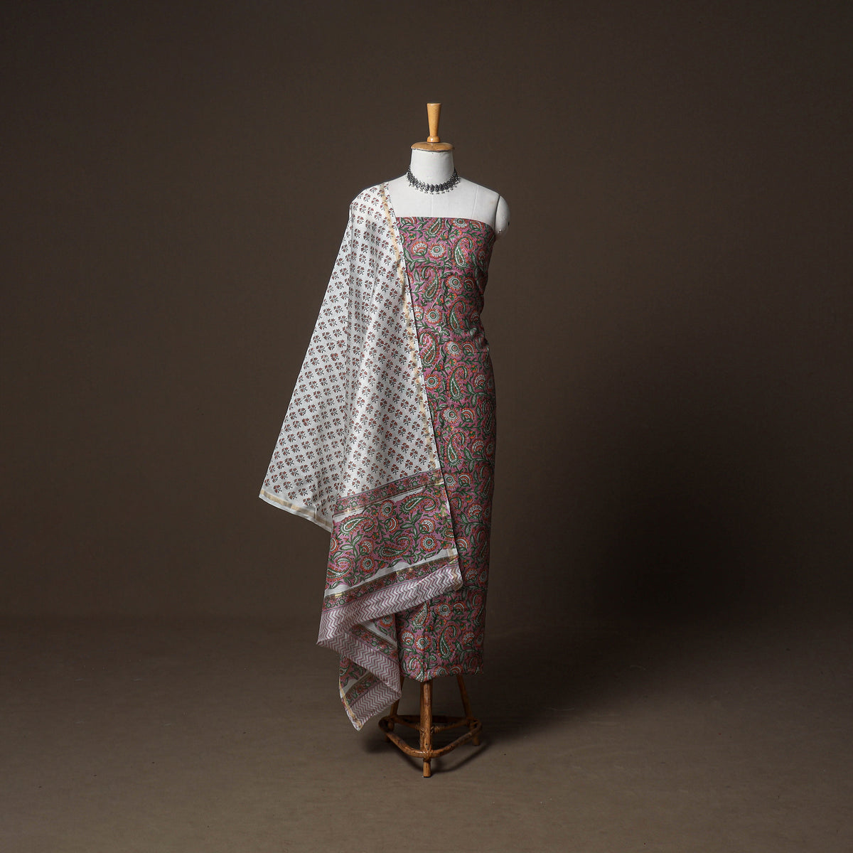 Chanderi Silk Sanganeri Hand Block Print Unstitched Dress Material: Kurta, Bottom with Dupatta 12