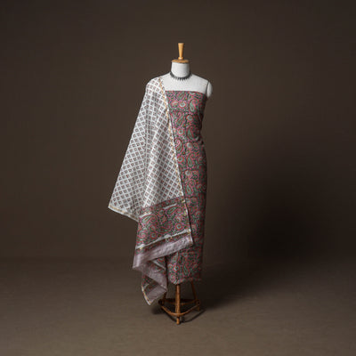 Chanderi Silk Sanganeri Hand Block Print Unstitched Dress Material: Kurta, Bottom with Dupatta 12