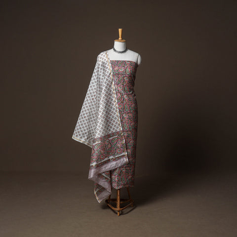 Chanderi Silk Sanganeri Hand Block Print Unstitched Dress Material: Kurta, Bottom with Dupatta 12
