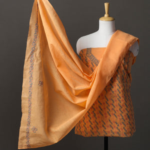 Orange - 3pc Lucknow Chikankari Hand Embroidery Cotton Suit Material Set 77