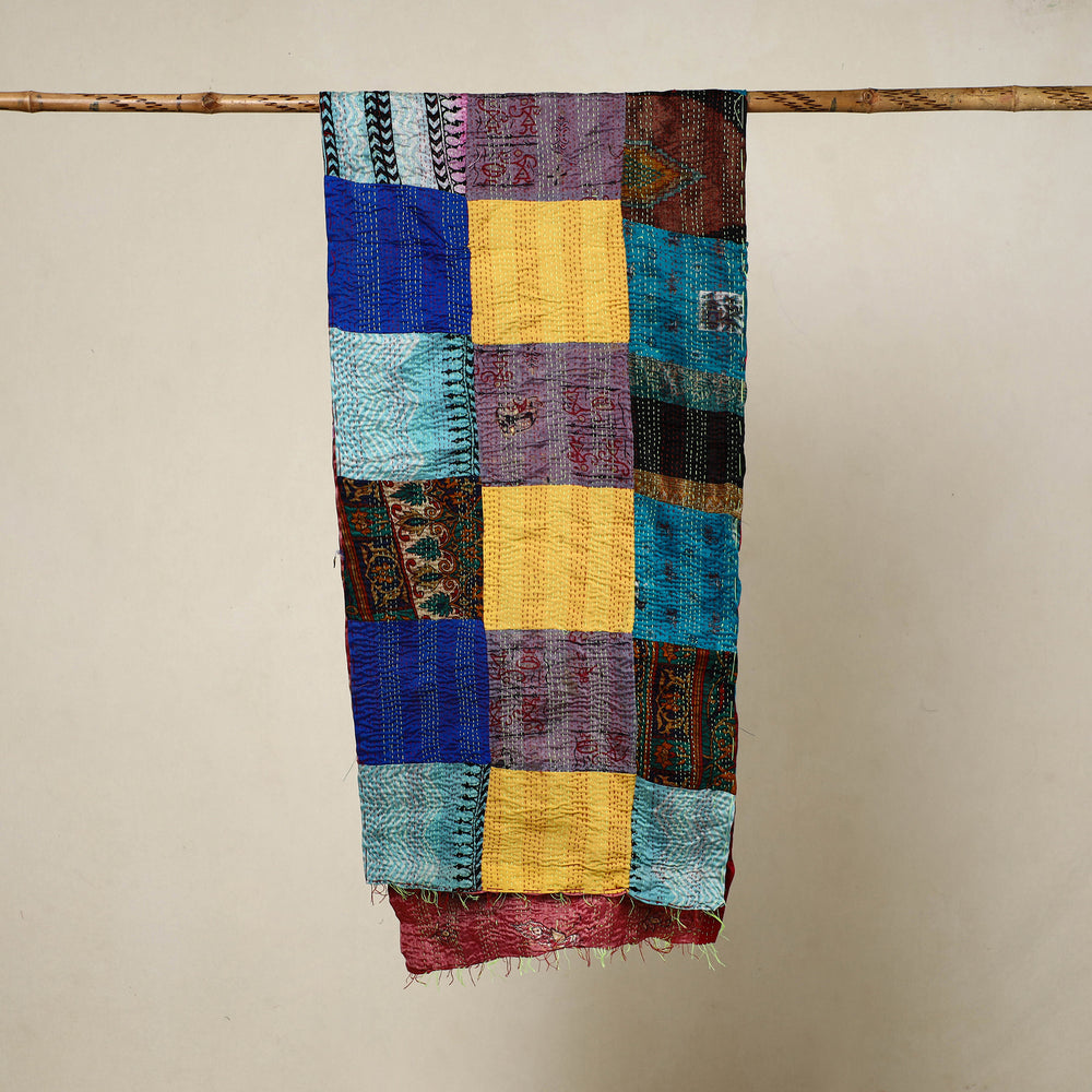 Multicolor - Reversible Patchwork Silk Bengal Kantha Stitch Stole 129