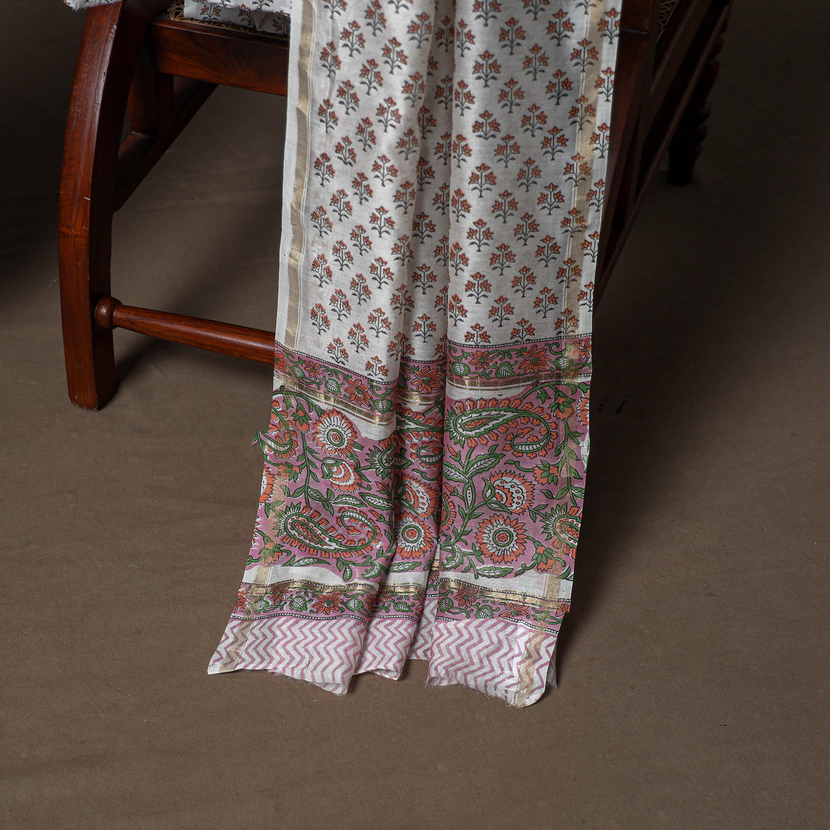 Chanderi Silk Sanganeri Hand Block Print Unstitched Dress Material: Kurta, Bottom with Dupatta 12