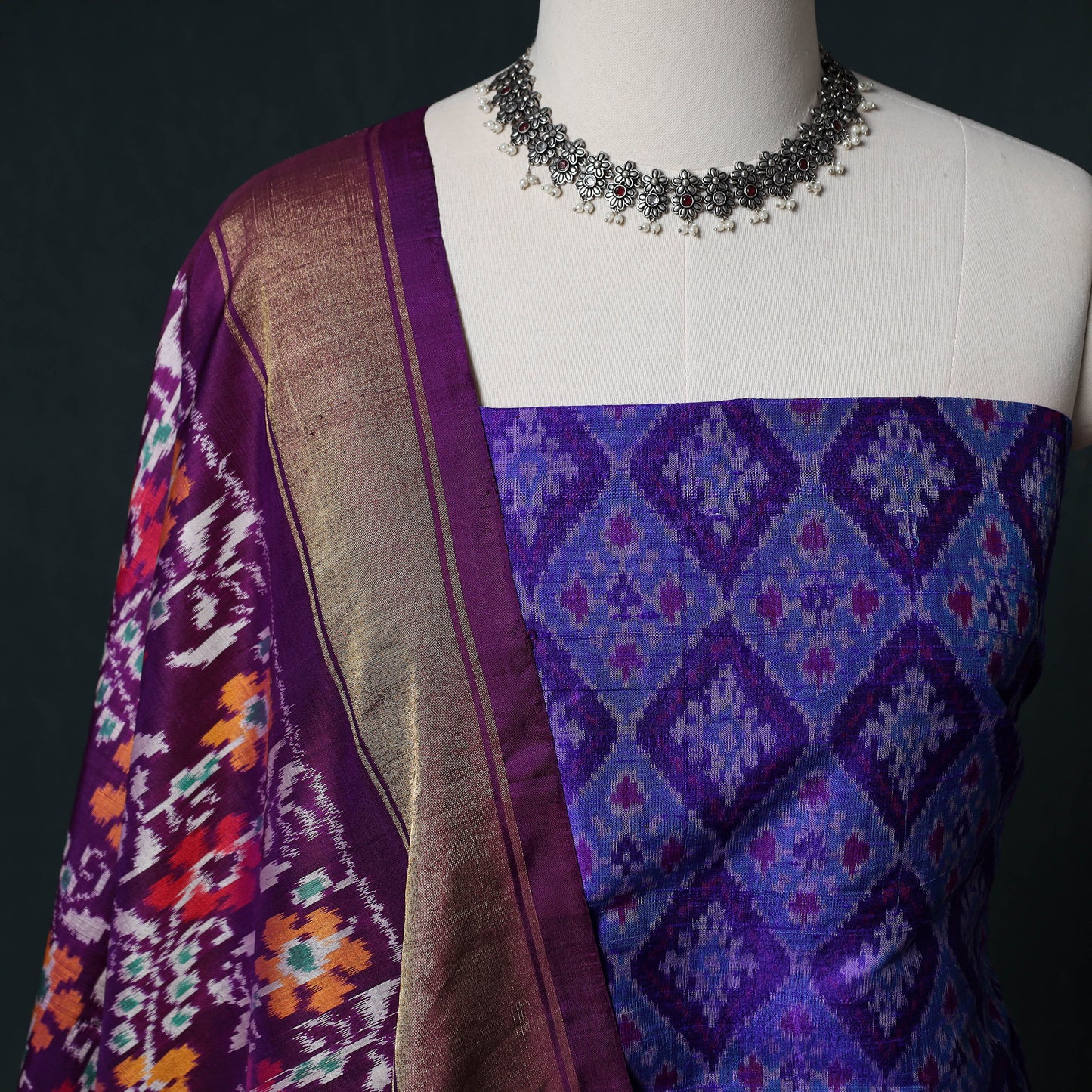 Pochampally Ikat Handwoven Pure Silk 2pc Unstitched Dress Material Kurta Set 25