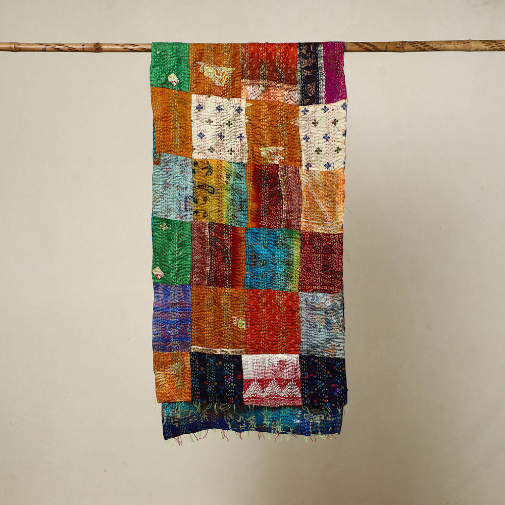 Multicolor - Reversible Patchwork Silk Bengal Kantha Stitch Stole 127