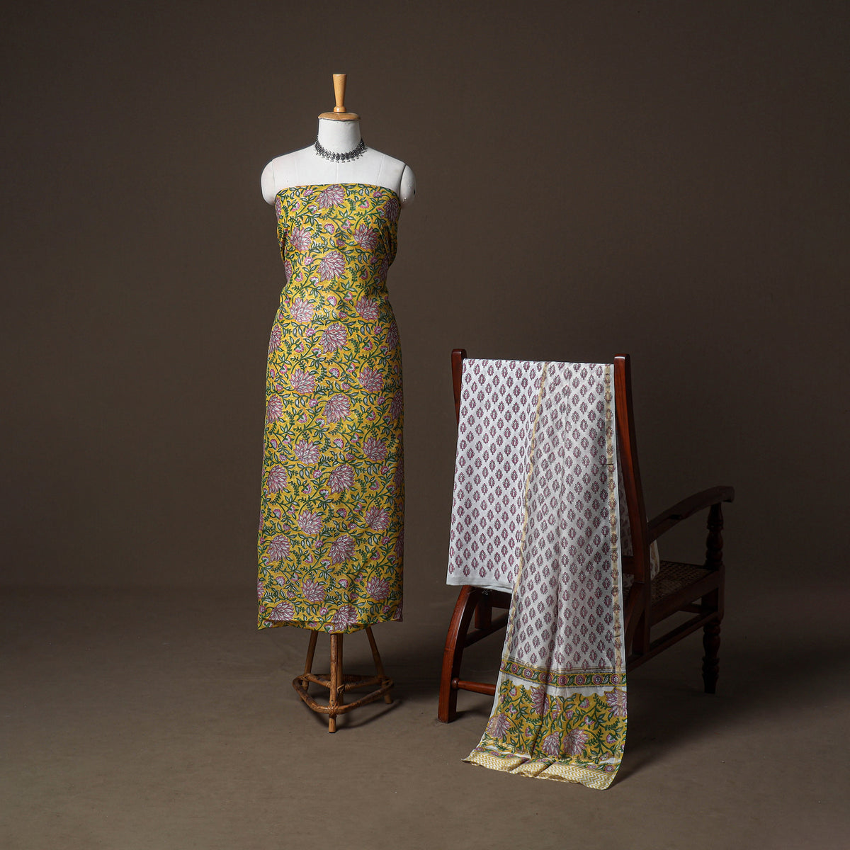 Chanderi Silk Sanganeri Hand Block Print Unstitched Dress Material: Kurta, Bottom with Dupatta 13