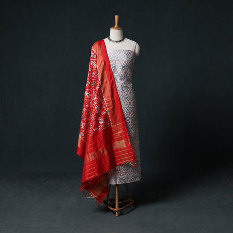 Pochampally Ikat Handwoven Pure Silk 2pc Unstitched Dress Material Kurta Set 26