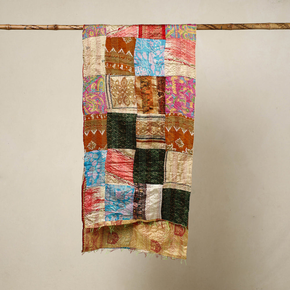 Multicolor - Reversible Patchwork Silk Bengal Kantha Stitch Stole 123