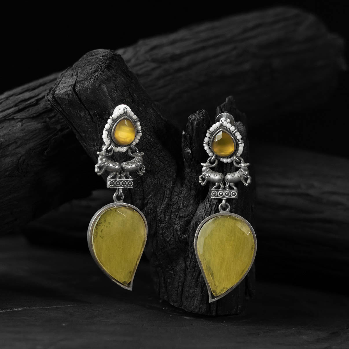 Yellow - saanjh bela nandi oxidised earrings - handcrafted