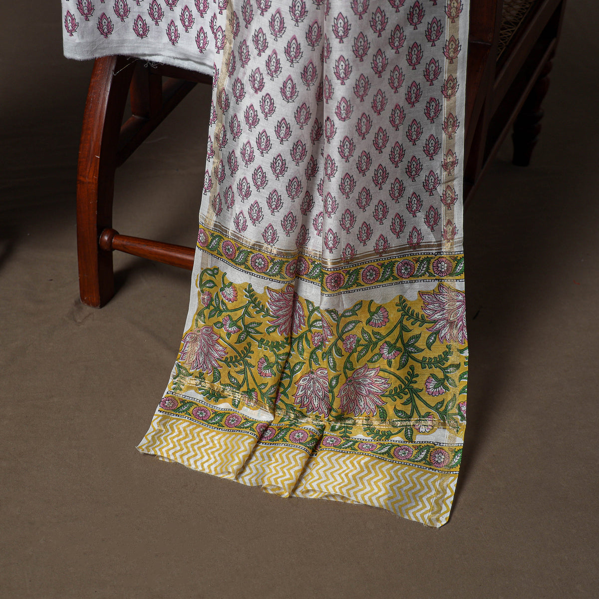 Chanderi Silk Sanganeri Hand Block Print Unstitched Dress Material: Kurta, Bottom with Dupatta 13