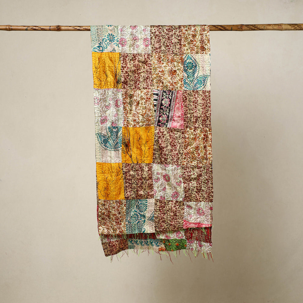 Multicolor - Reversible Patchwork Silk Bengal Kantha Stitch Stole 122