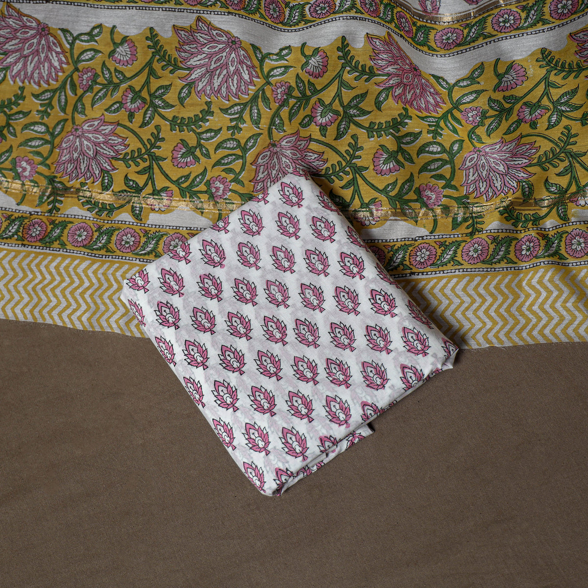 Chanderi Silk Sanganeri Hand Block Print Unstitched Dress Material: Kurta, Bottom with Dupatta 13