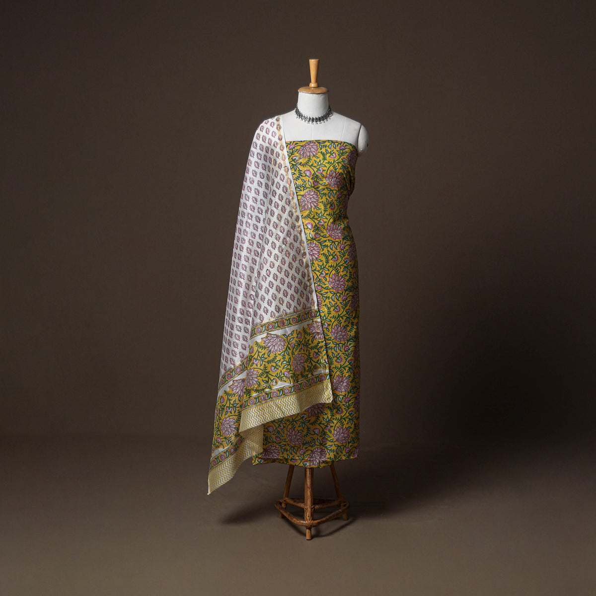 Chanderi Silk Sanganeri Hand Block Print Unstitched Dress Material: Kurta, Bottom with Dupatta 13
