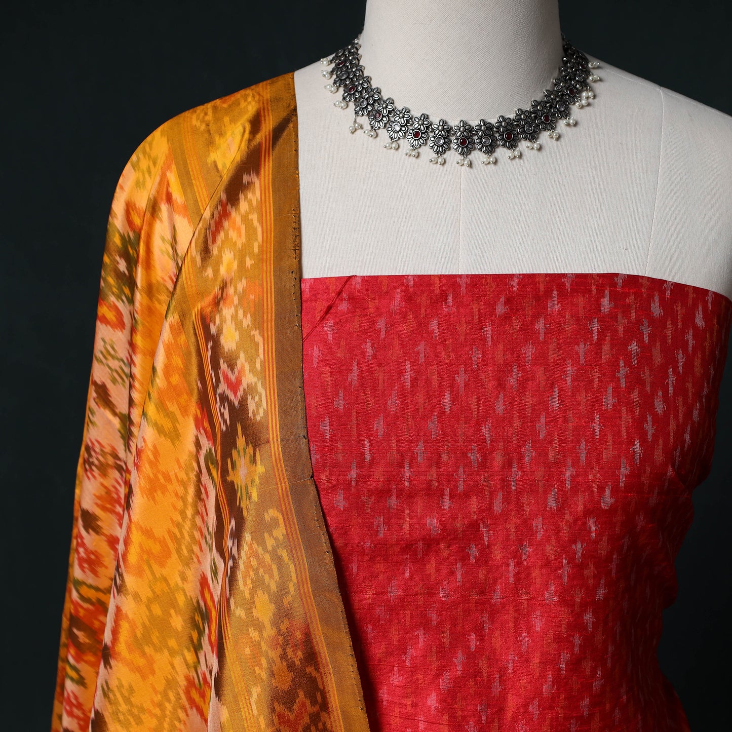 Pochampally Ikat Handwoven Pure Silk 2pc Unstitched Dress Material Kurta Set 27