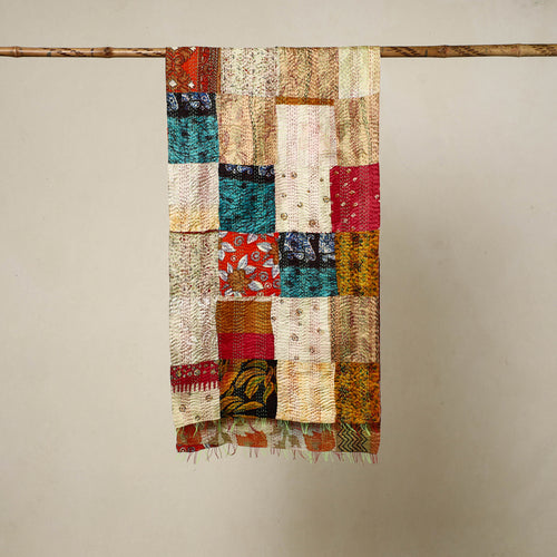 Multicolor - Reversible Patchwork Silk Bengal Kantha Stitch Stole 116