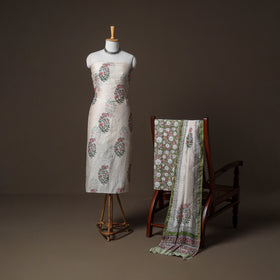 Chanderi Silk Sanganeri Hand Block Print Unstitched Dress Material: Kurta, Bottom with Dupatta 14