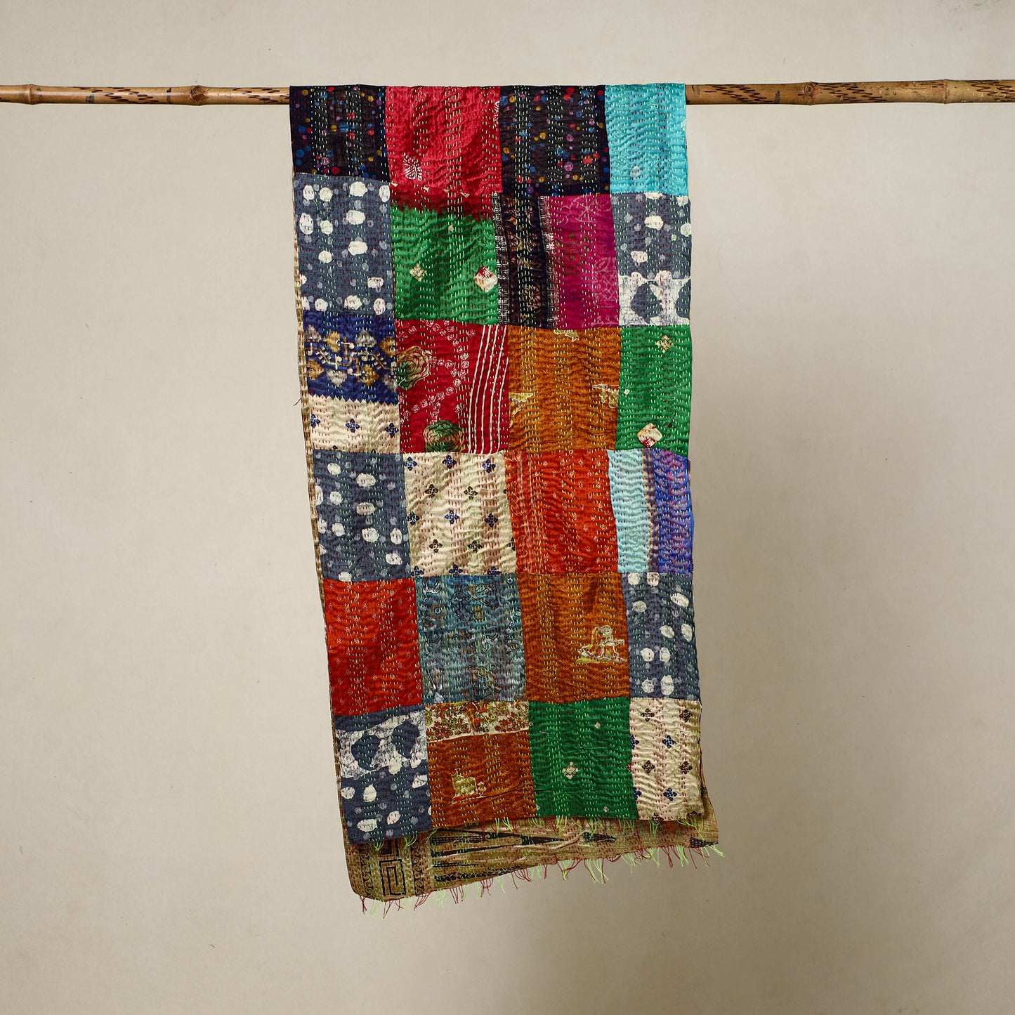 Multicolor - Reversible Patchwork Silk Bengal Kantha Stitch Stole 113