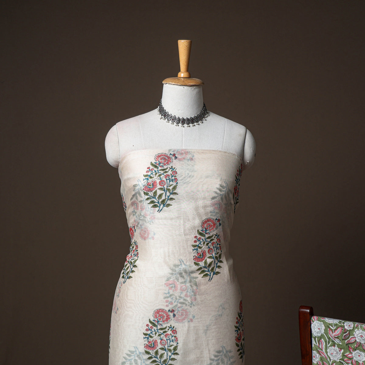 Chanderi Silk Sanganeri Hand Block Print Unstitched Dress Material: Kurta, Bottom with Dupatta 14