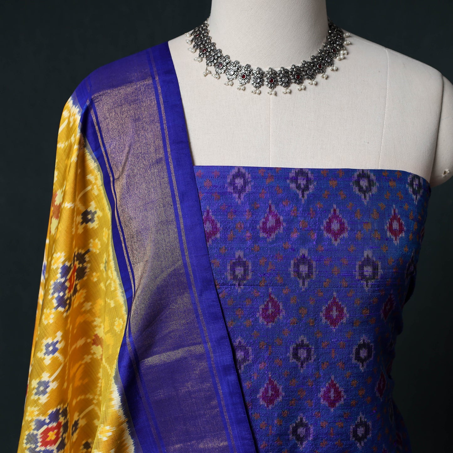 Pochampally Ikat Handwoven Pure Silk 2pc Unstitched Dress Material Kurta Set 28