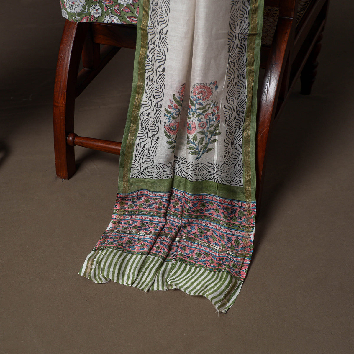Chanderi Silk Sanganeri Hand Block Print Unstitched Dress Material: Kurta, Bottom with Dupatta 14