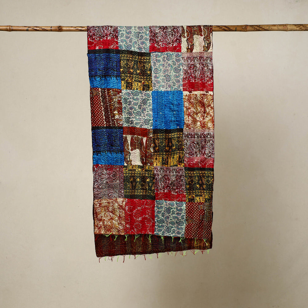 Multicolor - Reversible Patchwork Silk Bengal Kantha Stitch Stole 111