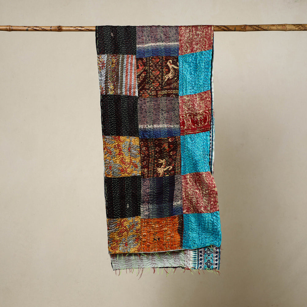 Multicolor - Reversible Patchwork Silk Bengal Kantha Stitch Stole 110