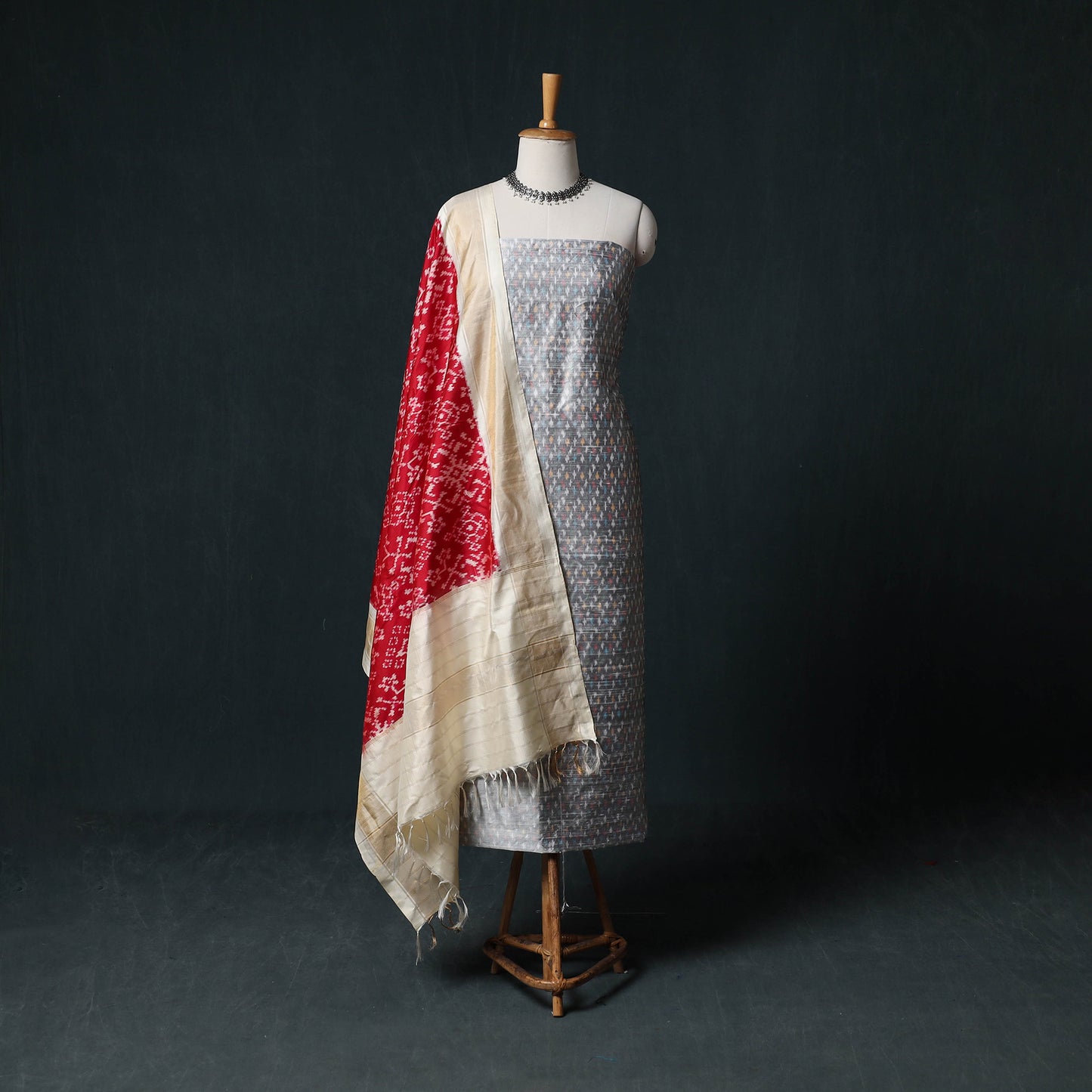 Pochampally Ikat Handwoven Pure Silk 2pc Unstitched Dress Material Kurta Set 29