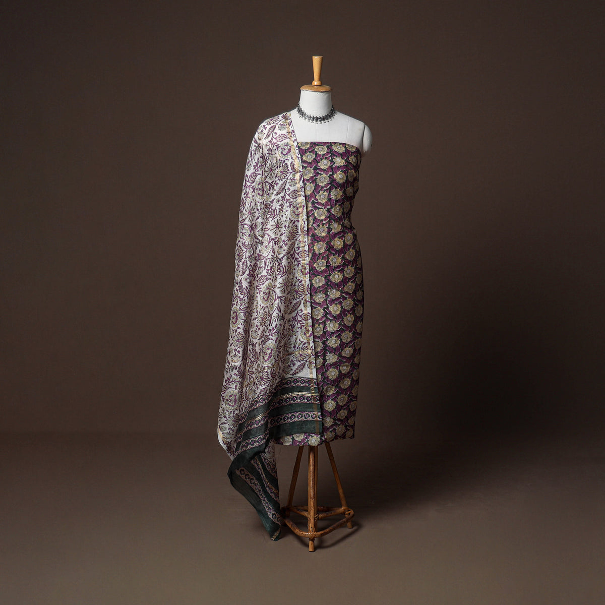 Chanderi Silk Sanganeri Hand Block Print Unstitched Dress Material: Kurta, Bottom with Dupatta 15