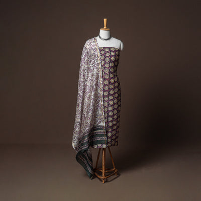 Chanderi Silk Sanganeri Hand Block Print Unstitched Dress Material: Kurta, Bottom with Dupatta 15