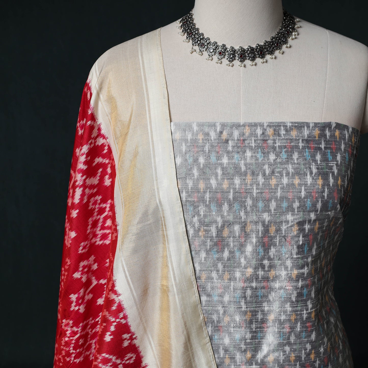 Pochampally Ikat Handwoven Pure Silk 2pc Unstitched Dress Material Kurta Set 29