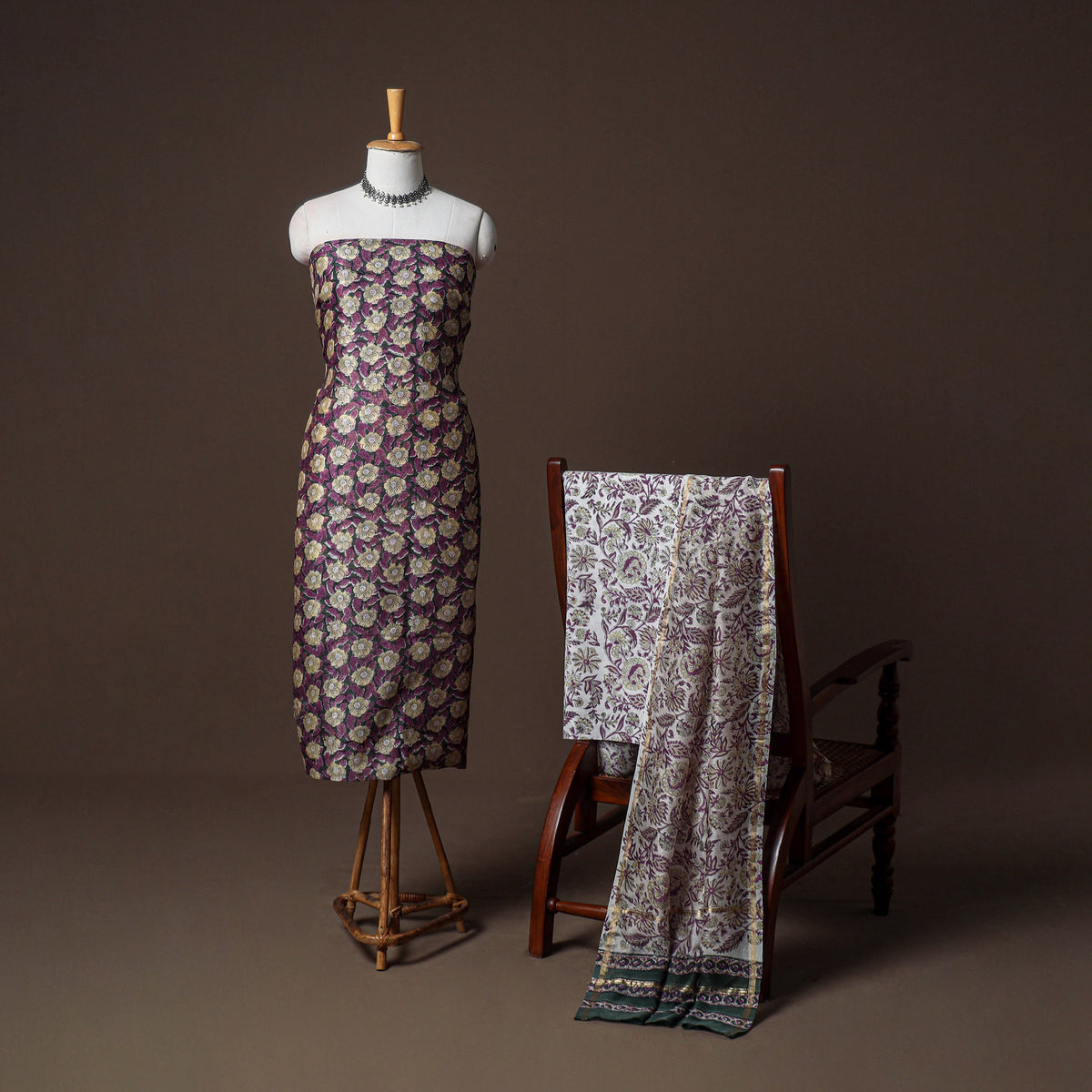 Chanderi Silk Sanganeri Hand Block Print Unstitched Dress Material: Kurta, Bottom with Dupatta 15