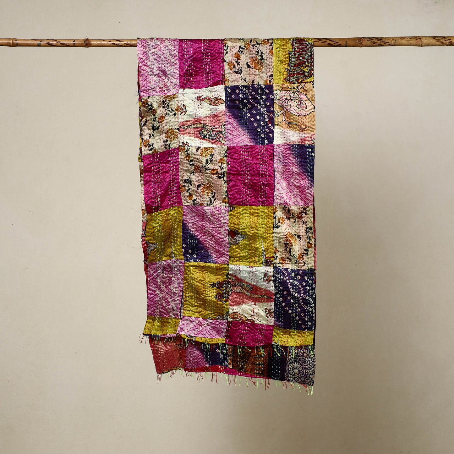 Multicolor - Reversible Patchwork Silk Bengal Kantha Stitch Stole 104