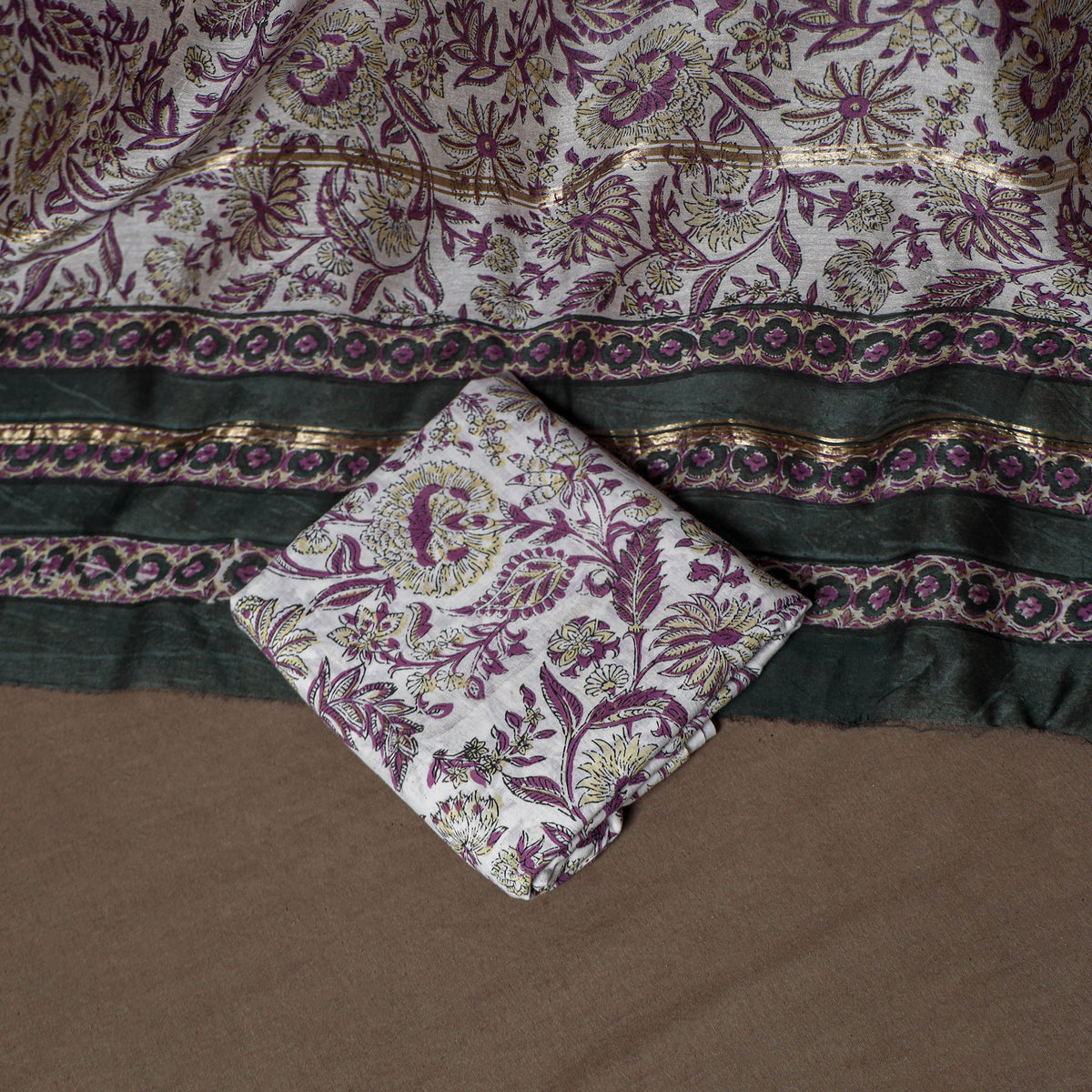 Chanderi Silk Sanganeri Hand Block Print Unstitched Dress Material: Kurta, Bottom with Dupatta 15