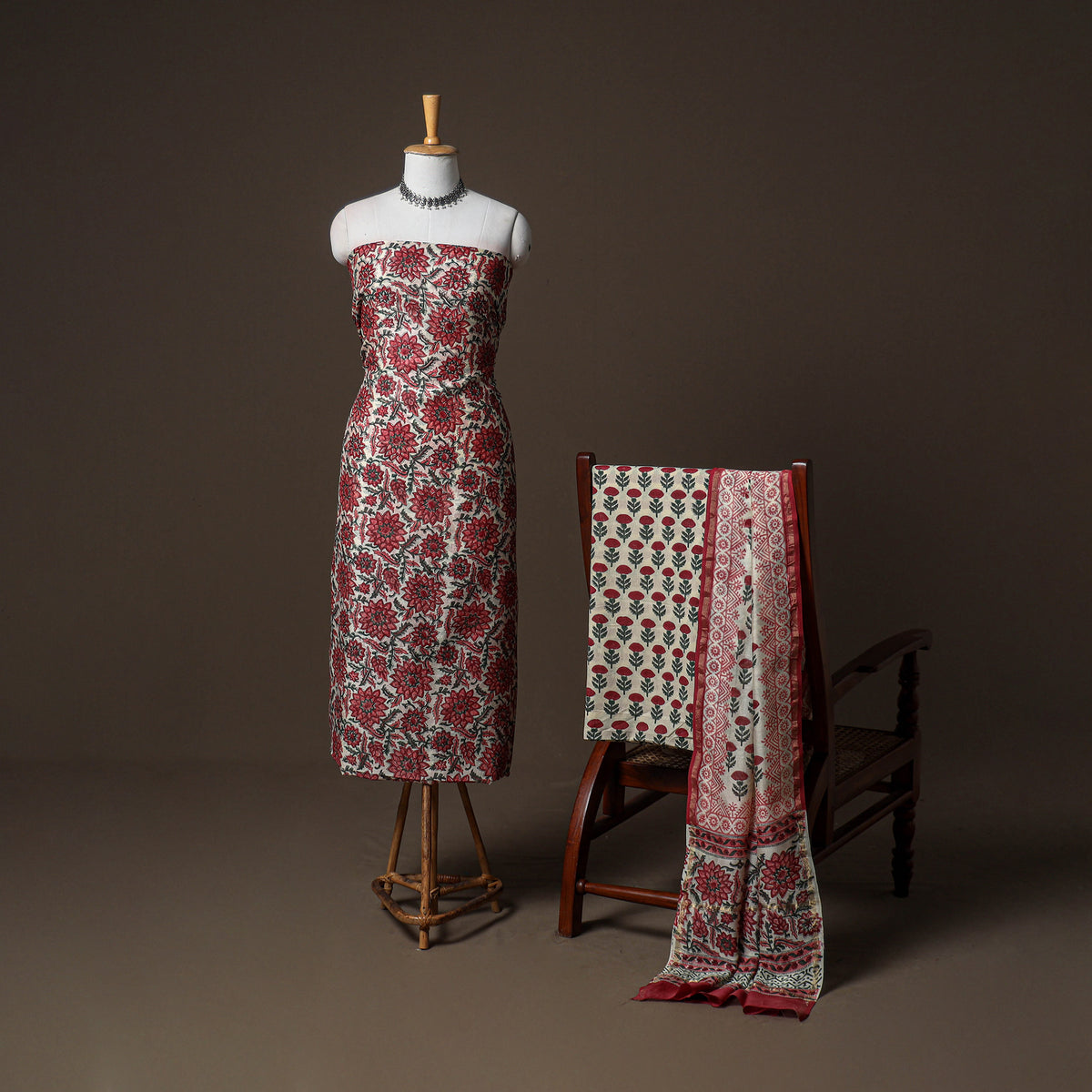 Chanderi Silk Sanganeri Hand Block Print Unstitched Dress Material: Kurta, Bottom with Dupatta 16