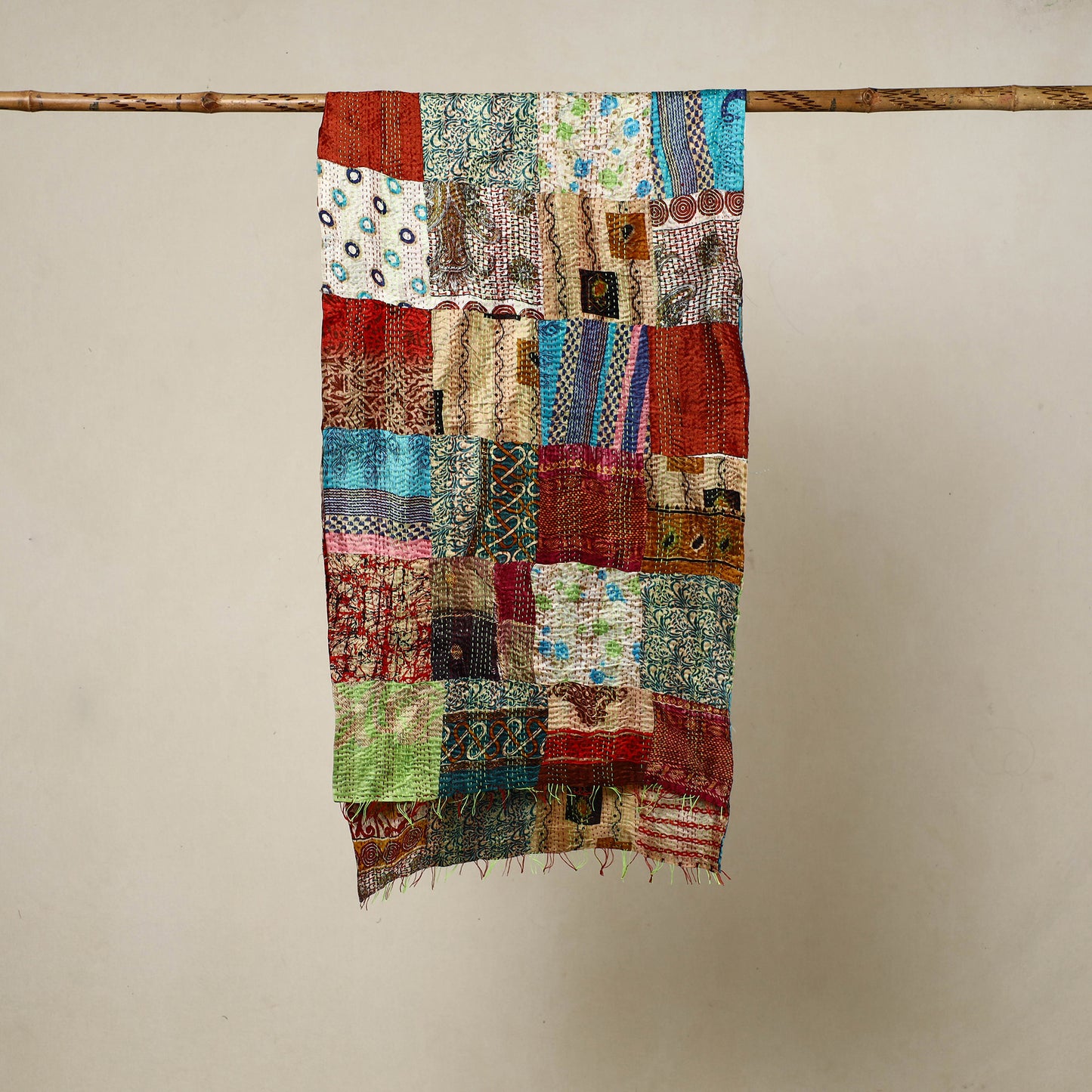 Multicolor - Reversible Patchwork Silk Bengal Kantha Stitch Stole 99