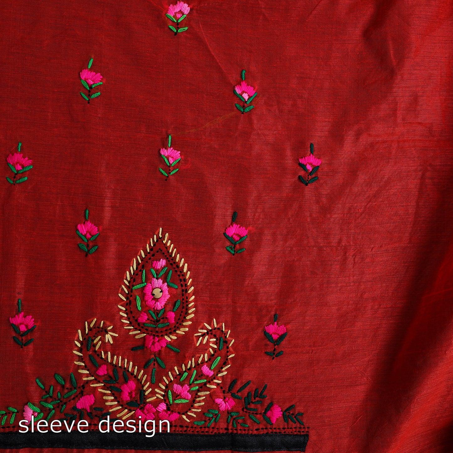 Red - 3pc Hand Embroidery Chanderi Silk Phulkari Dress Material 98