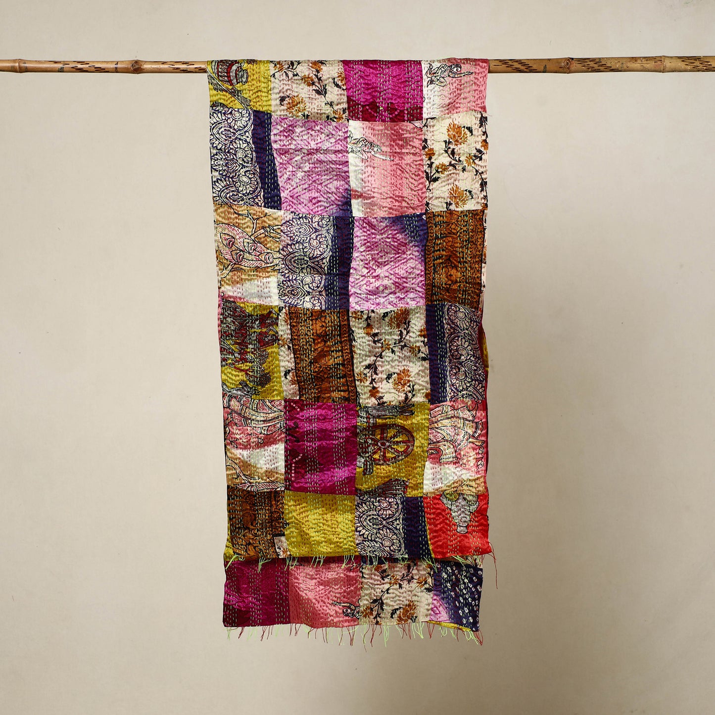 Multicolor - Reversible Patchwork Silk Bengal Kantha Stitch Stole 95