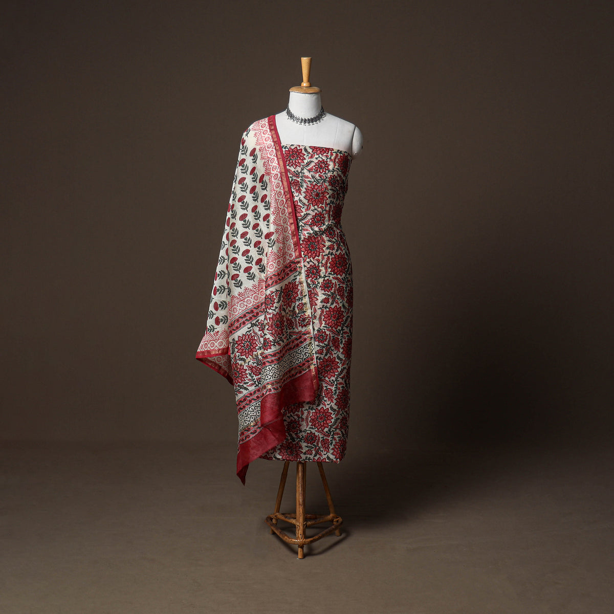 Chanderi Silk Sanganeri Hand Block Print Unstitched Dress Material: Kurta, Bottom with Dupatta 16