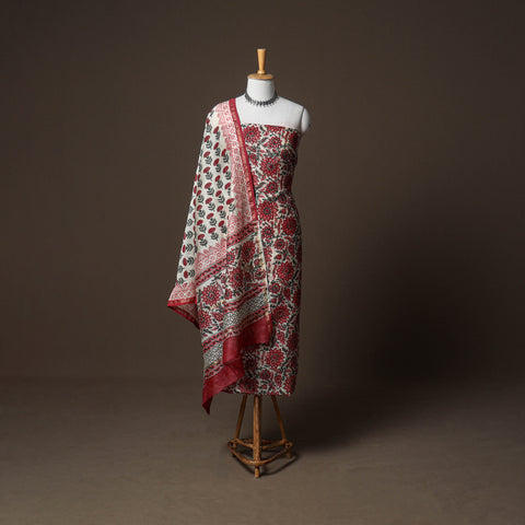Chanderi Silk Sanganeri Hand Block Print Unstitched Dress Material: Kurta, Bottom with Dupatta 16