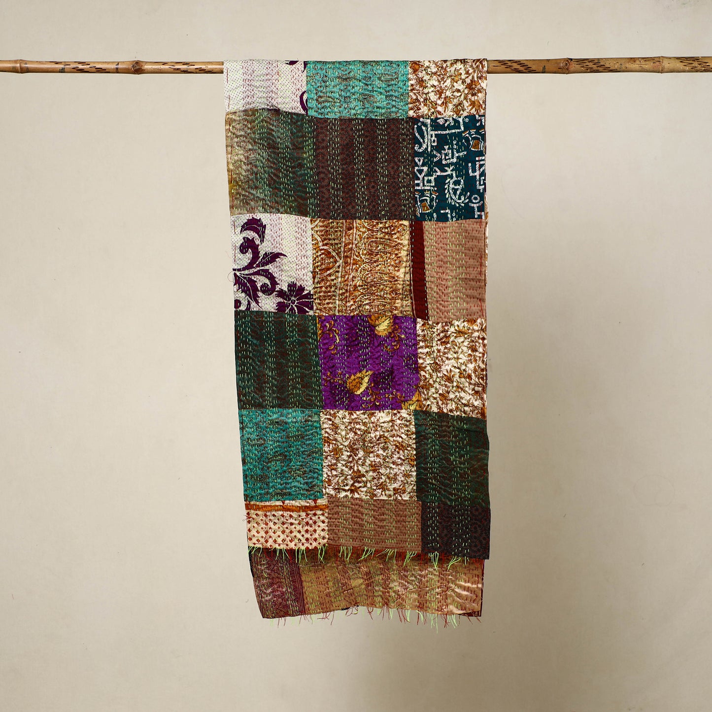 Multicolor - Reversible Patchwork Silk Bengal Kantha Stitch Stole 94