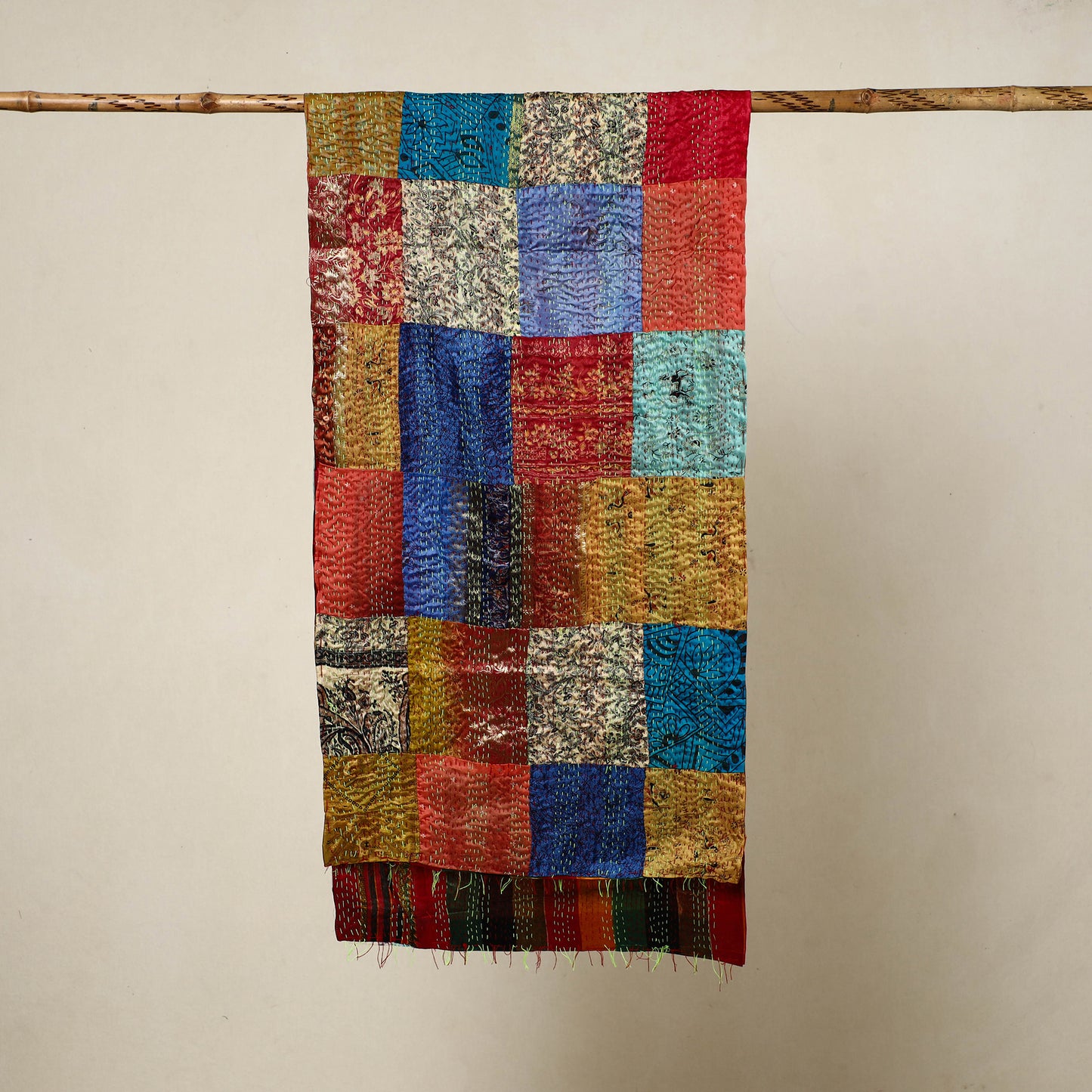 Multicolor - Reversible Patchwork Silk Bengal Kantha Stitch Stole 93