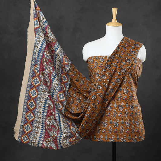 Brown - 3pc Kalamkari Printed Cotton Suit Material Set
