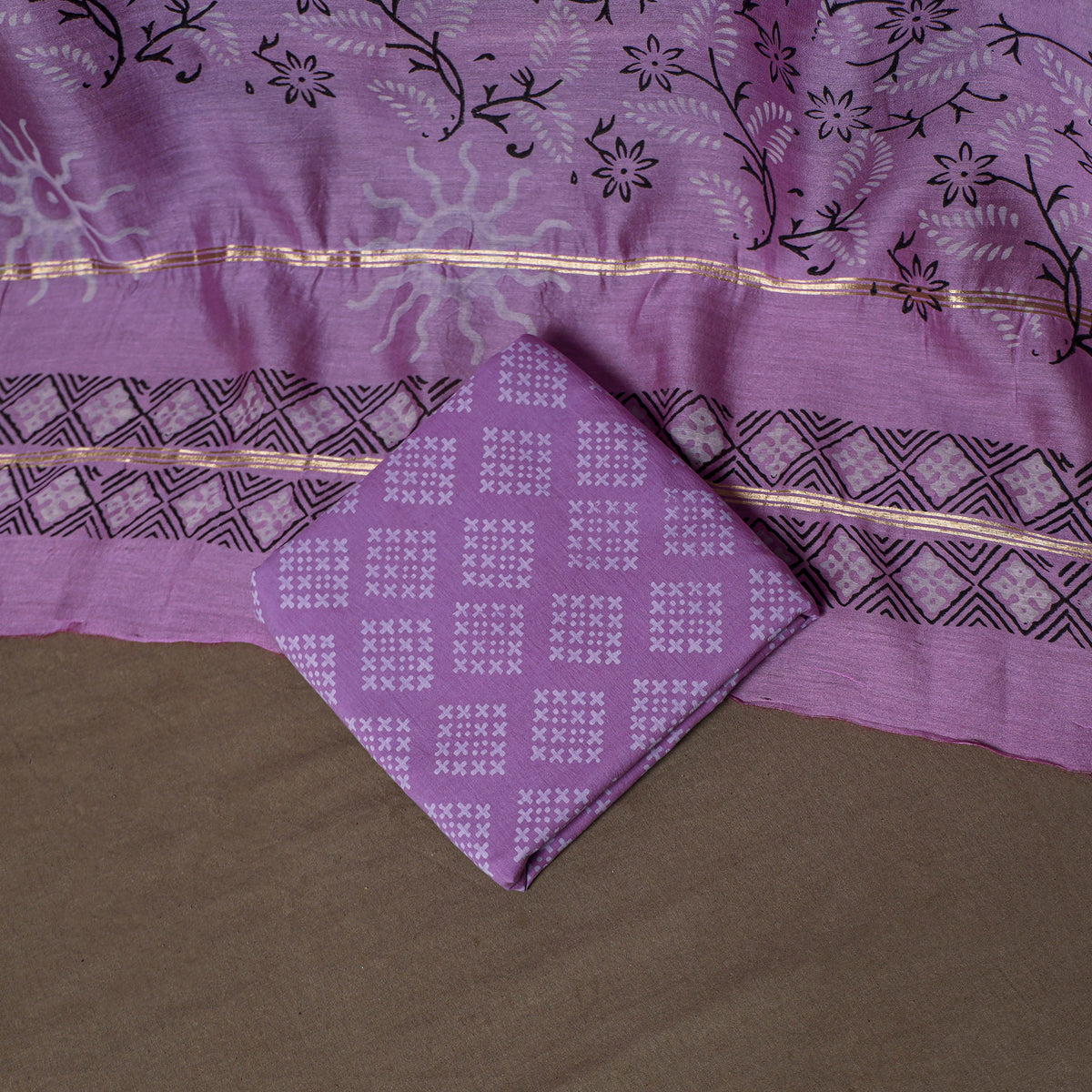 Chanderi Silk Jaipur Hand Block Print Unstitched Dress Material: Kurta, Bottom with Dupatta 17